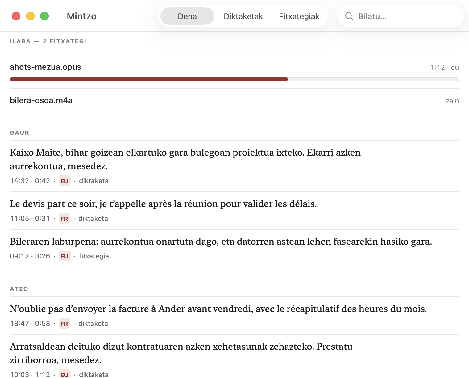 Mintzo Mac aplikazioaren leihoa: diktaketen eta fitxategien historia, transkripzioak euskaraz eta frantsesez